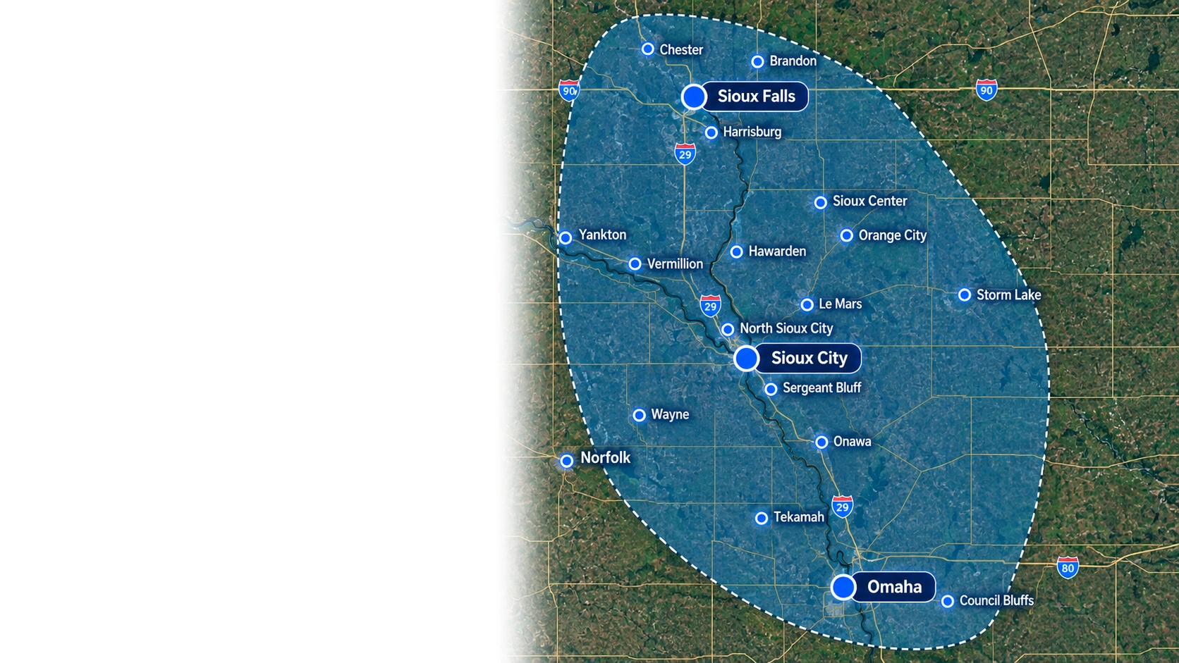Trinity Electric service area map covering Sioux City, Sioux Falls, Omaha, and communities throughout Iowa, Nebraska, and South Dakota
